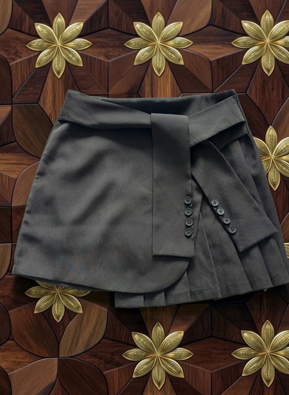 Tailored Black Pleated Wrap Mini Micas Skort with Button Detail Sash